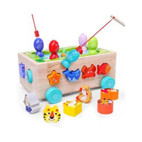 Coche de juguete de madera de pesca Montessori para niños pequeños