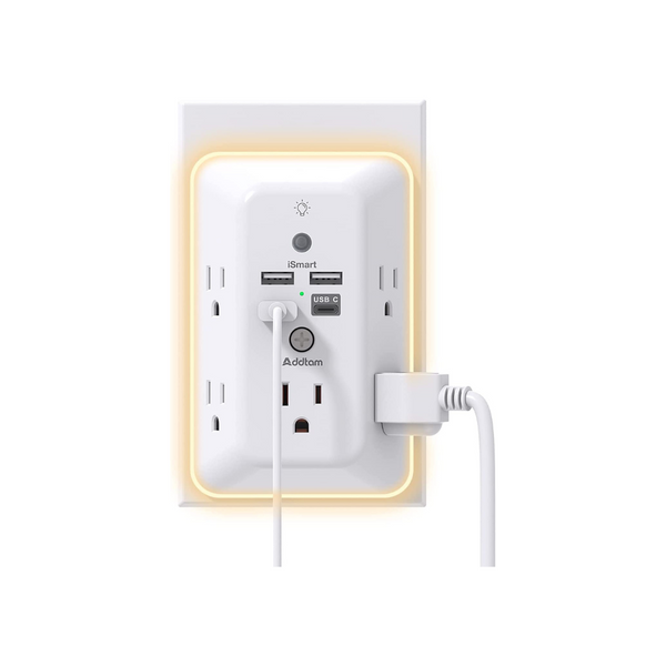 5-Outlet Extender Surge Protector w/ 3x USB-A, 1x USB-C Ports & Night Light