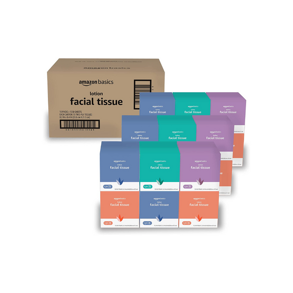 18 cajas en cubos de pañuelos ultra faciales con loción Amazon Basics de 75 unidades