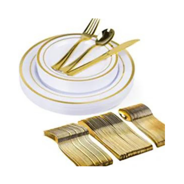 125-Piece Plastic Plates Party White Gold Rim for 25 Guests