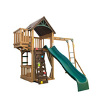 KidKraft Hangout Hideaway Clubhouse Wooden Swing Set with Slide and Monkey Bars