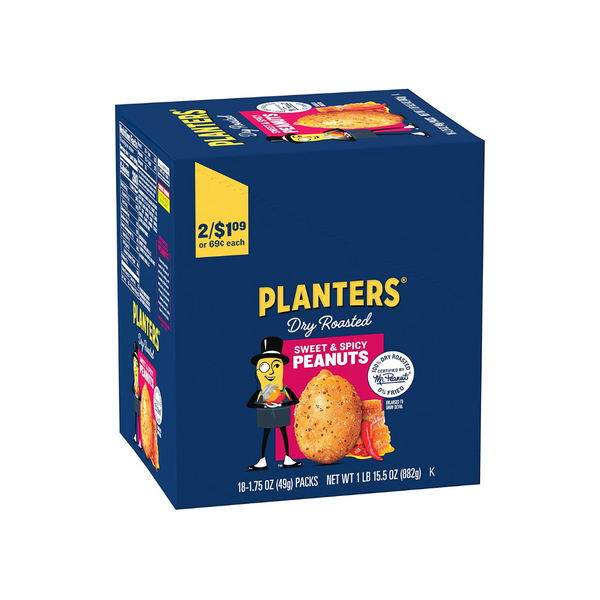 Paquete de 18 maceteros de 1,75 oz con maní tostado seco dulce y picante
