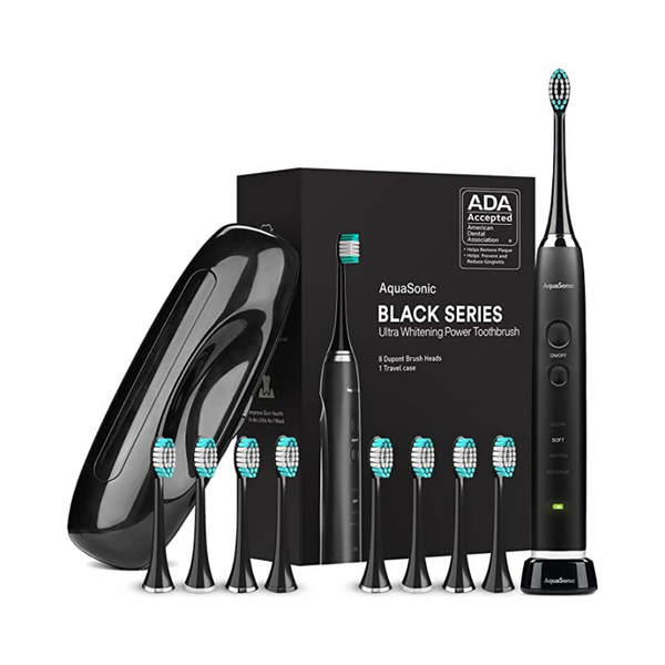 Cepillo de dientes ultrablanqueador Aquasonic Black Series con estuche de viaje y 8 cabezales