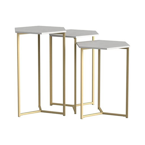 Walker Edison Set of 3 Modern Hexagon Nesting Side End Tables, Marble and Gold