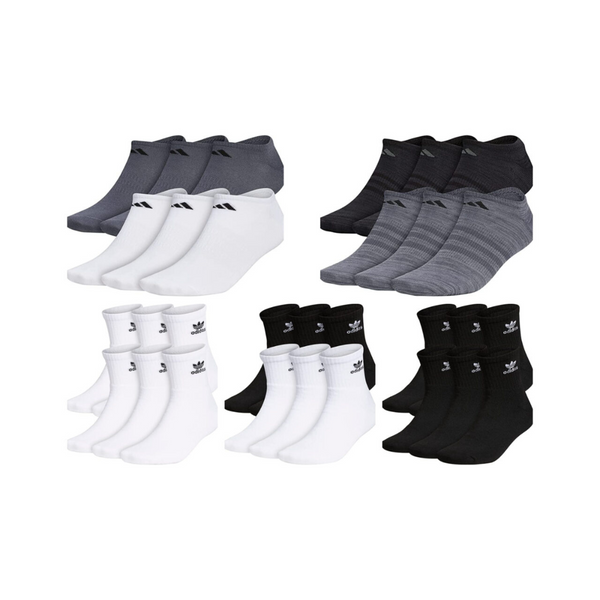 6 Pairs of adidas Quarter Socks or Mens No Show Socks