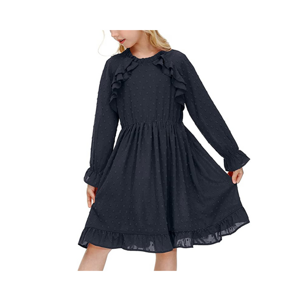 BesserBay Vestido de manga larga azul marino con volantes y lunares suizos para niñas