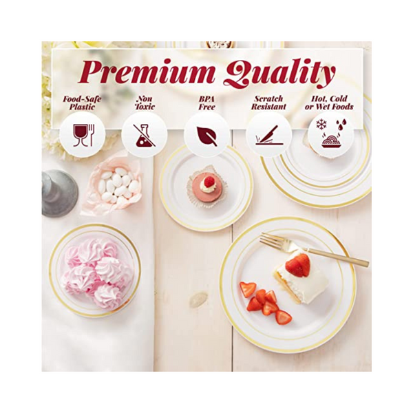 Prestee Set of 50 Gold Rimmed Plastic Plates
