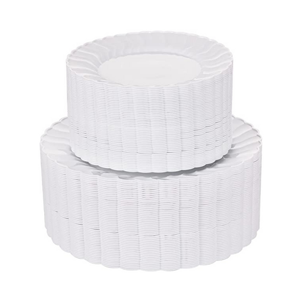 100 PCS Plastic White Plates Set, Premiun Heavy-Duty Disposable Party Plates