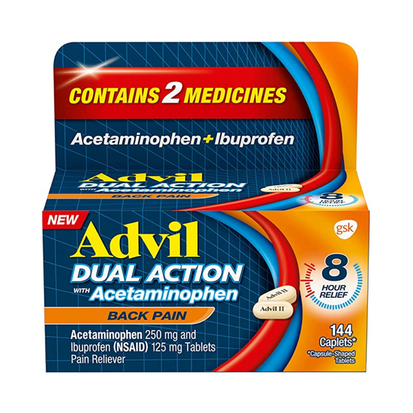 144 Advil Dual Action Back Pain Caplets Delivers 250mg Ibuprofen