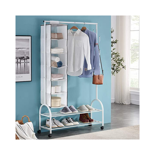 Vecelo Metal Entryway Storage 2-Tier Shoe Shelves with Garment Rack