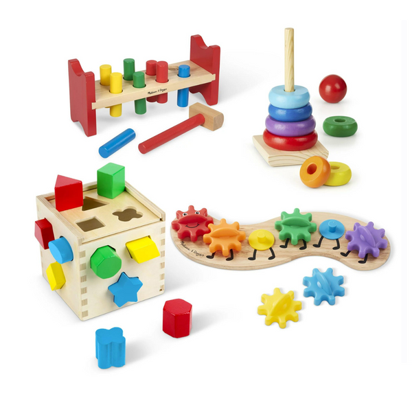 Melissa &amp; Doug Paquete de 4 juguetes de aprendizaje clásicos de madera con forma de arcoíris