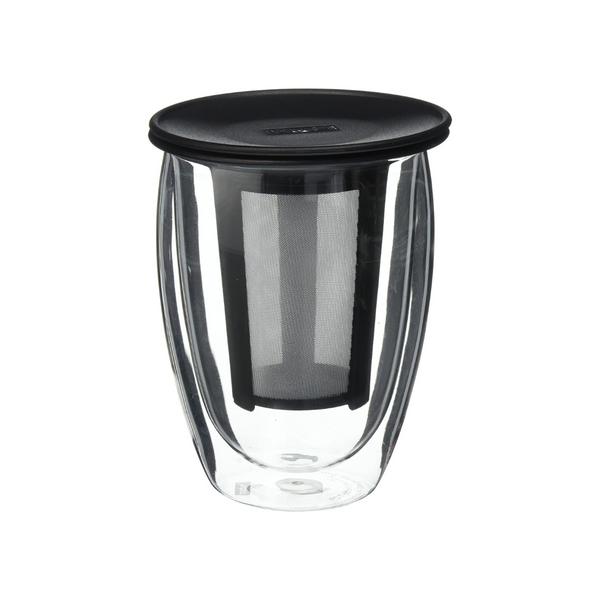 Bodum One Tea Strainer with Pavina Double Wall Glass Set, 12 Oz, Black