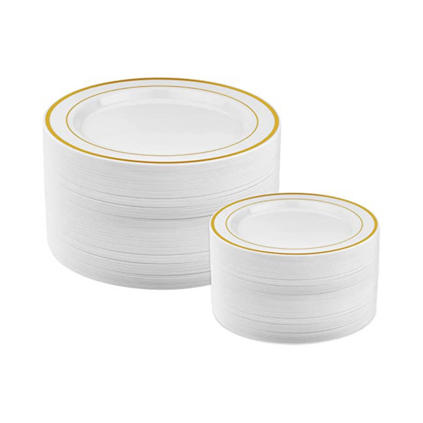 Gold Plastic Plates Set of 50, 25 Dinner Plates & 25 Salad Plates