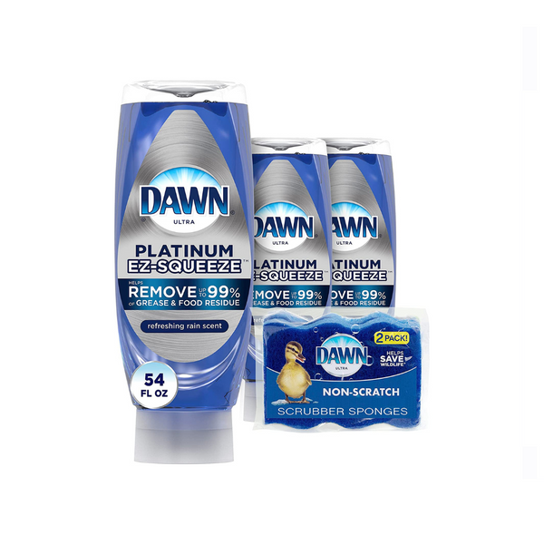 3 botellas de jabón para platos Dawn EZ-Squeeze Platinum Liquid con 2 esponjas