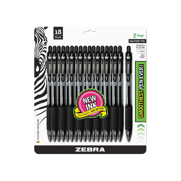 Bolígrafos retráctiles Zebra Pen Z-Grip, punta media, 1,0 mm, tinta negra (18 unidades)