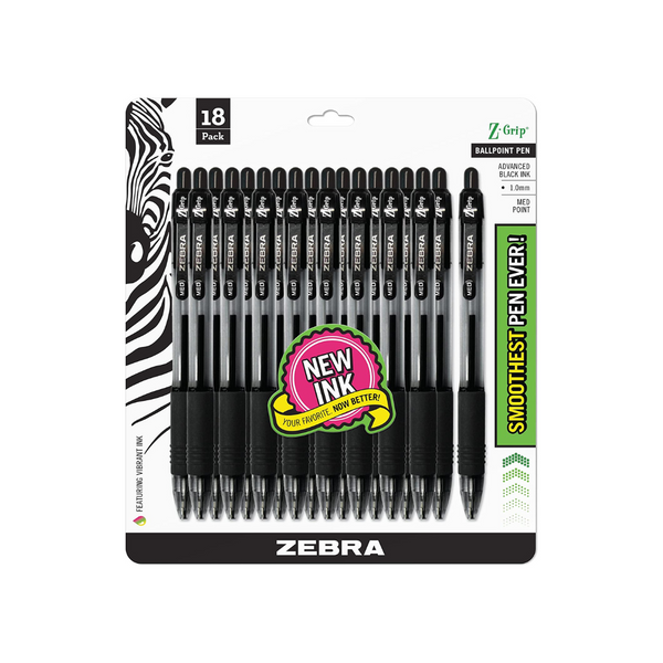 Zebra Pen Z-Grip Retractable Ballpoint Pens, Medium Point, 1.0mm, Black Ink (18 Count)