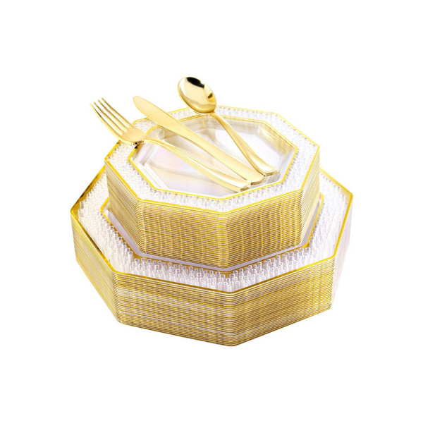 Juego de vajilla de plástico dorado de 150 piezas con 30 configuraciones