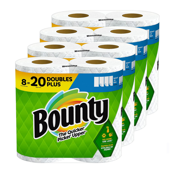 8 rollos Double Plus = 20 rollos regulares de toallas de papel Bounty Select-A-Size