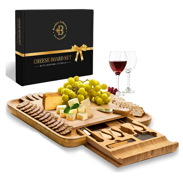 Tabla de quesos de bambú premium con 4 cuchillos, abridor de vino y bandeja para servir