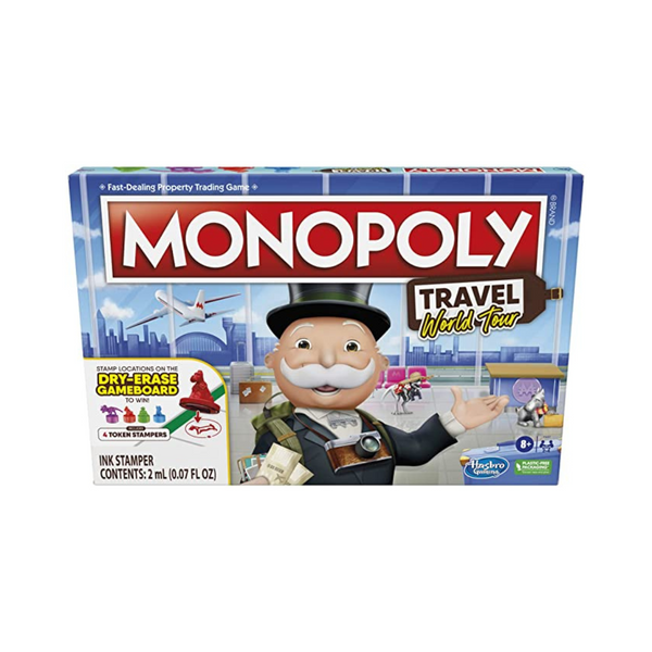Monopoly World Tour Board Game with Token Stampers and Dry-Erase Gameboard