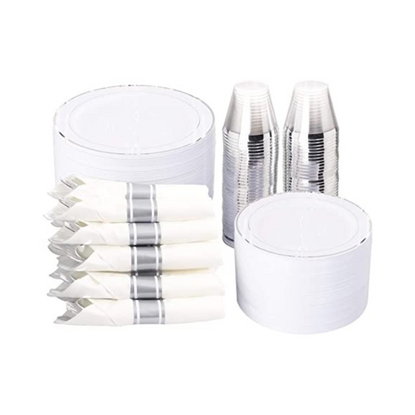 Wellife 350 platos de plástico plateado con cubiertos y vasos desechables y 50 ajustes