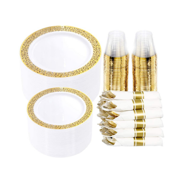 Wellife 350 Pcs Gold Lace Plastic Disposable Dinnerware Set
