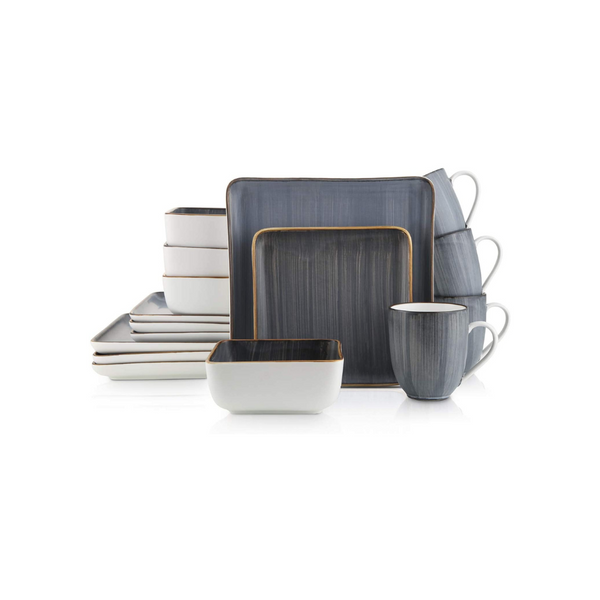 Juego de vajilla de porcelana Stone + Lain Esmeralda de 16 piezas para 4 personas con diseño cuadrado cepillado en gris