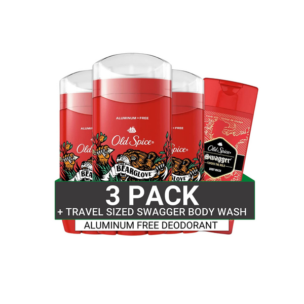 Paquete de 3 desodorantes Bearglove sin aluminio Old Spice con gel de baño Swagger de tamaño de viaje