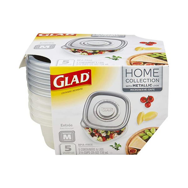Glad Pack de 5 recipientes de almacenamiento de alimentos cuadrados medianos de 25 onzas