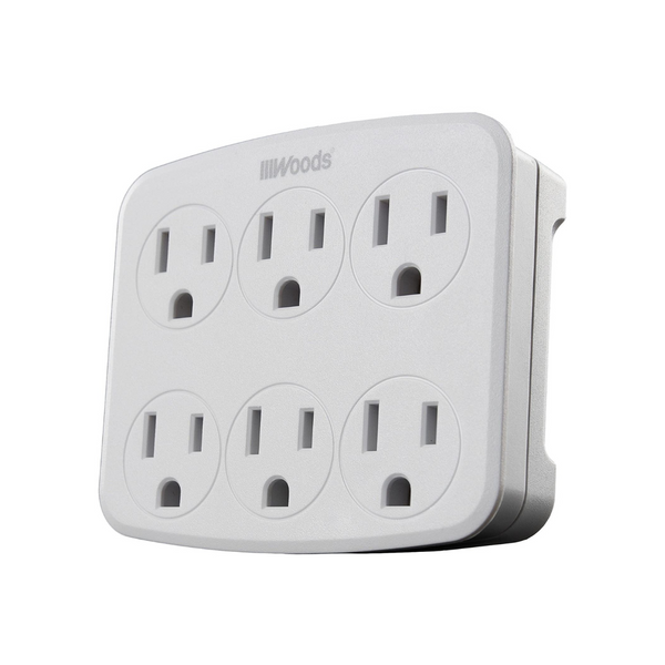 Woods 41196 Wall Adapter with 6 Grounded Outlets, White