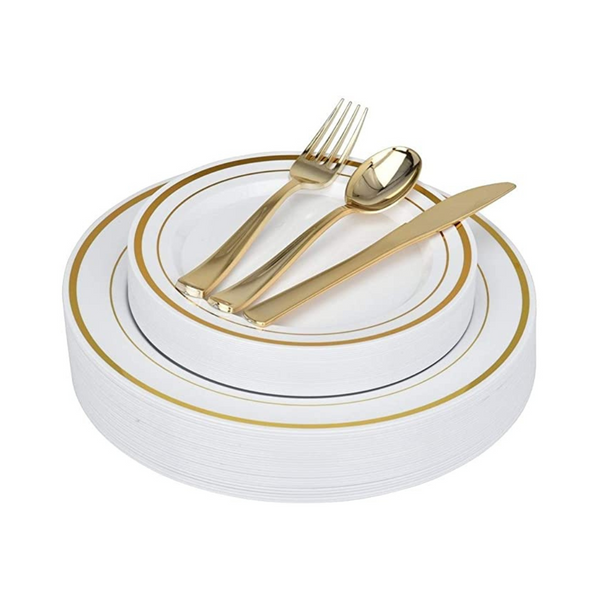 125 Pcs White and Gold Plastic Disposable Dinnerware Set