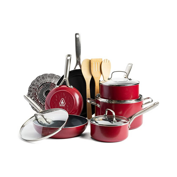14-Piece Red Volcano Textured Ceramic Nonstick, Cookware Pots & Pans Set
