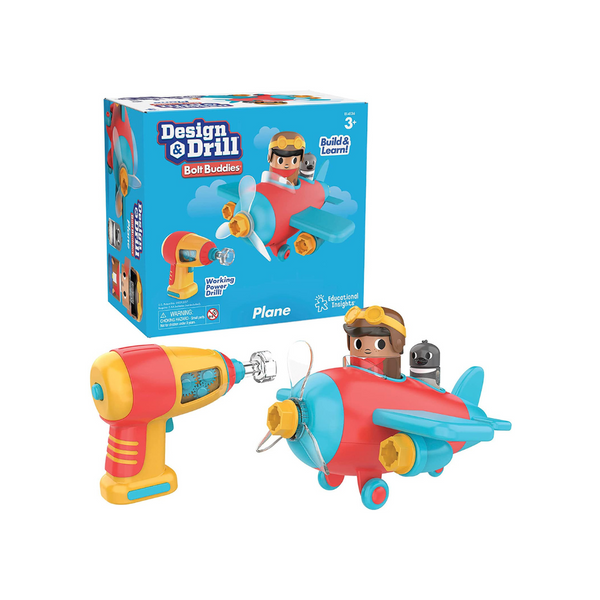Educational Insights Design &amp; Drill Bolt Buddies Avión de juguete desmontable con taladro eléctrico de juguete