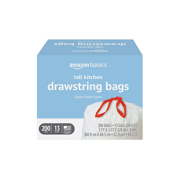 200-Ct 13-Gallon Amazon Basics Tall Kitchen Drawstring Trash Bags