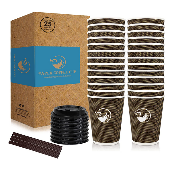 25 Tazas de Café Desechables con Tapa y Pajitas