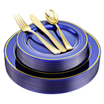 150-Pc (30 Guest) Clear Blue Plastic Plates With Gold Rim & Disposable Plastic Silverware