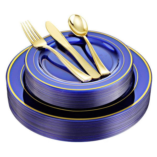Platos de plástico azul transparente de 150 piezas (30 invitados) con borde dorado y cubiertos de plástico desechables