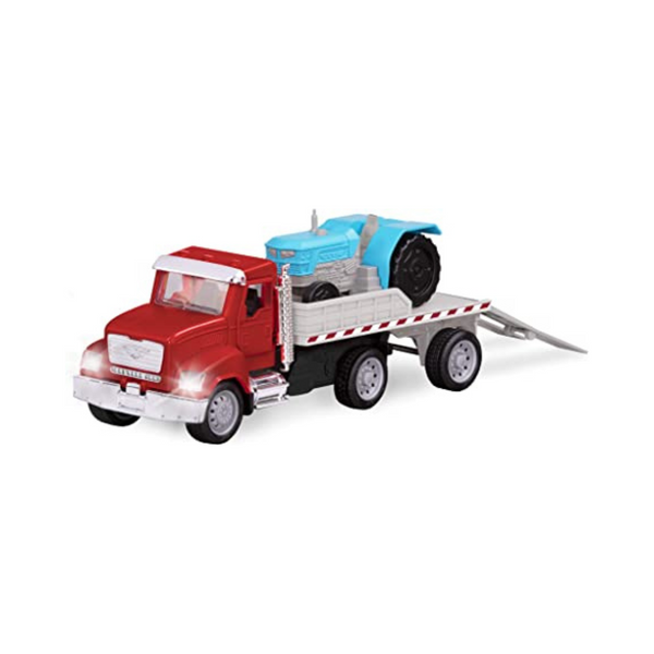 Conducido por un micro camión de plataforma Battat con remolque y tractor de juguete en miniatura