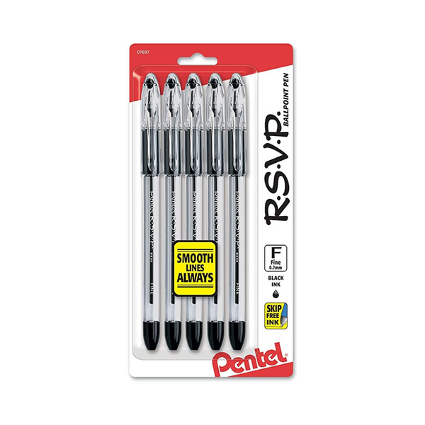 Pentel R.S.V.P. Ballpoint Pen, Fine Line, Black Ink, 5 Pack