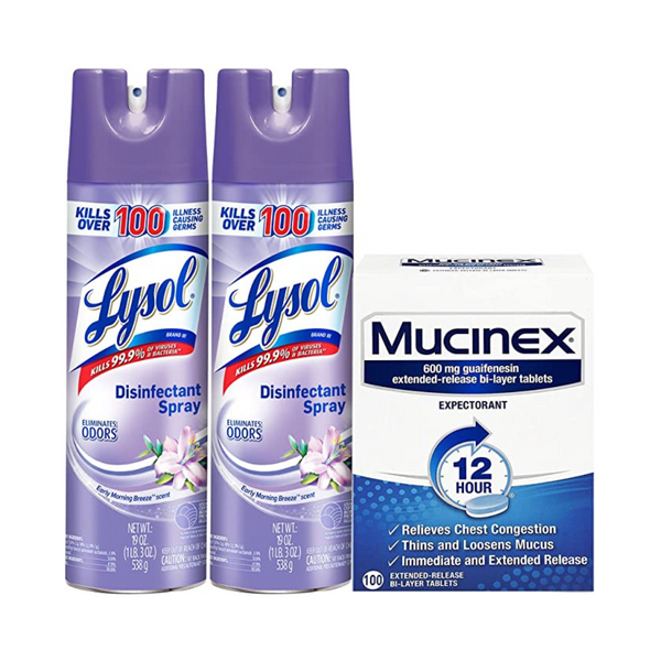 Paquete de 2 aerosoles desinfectantes Lysol + tabletas de alivio prolongado de 12 horas Mucinex de 100 unidades