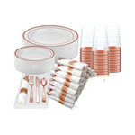 Prestee 350 Piece Rose Gold Plastic Disposable Dinnerware Party Set with Pre-Rolled Napkins and Cutlery