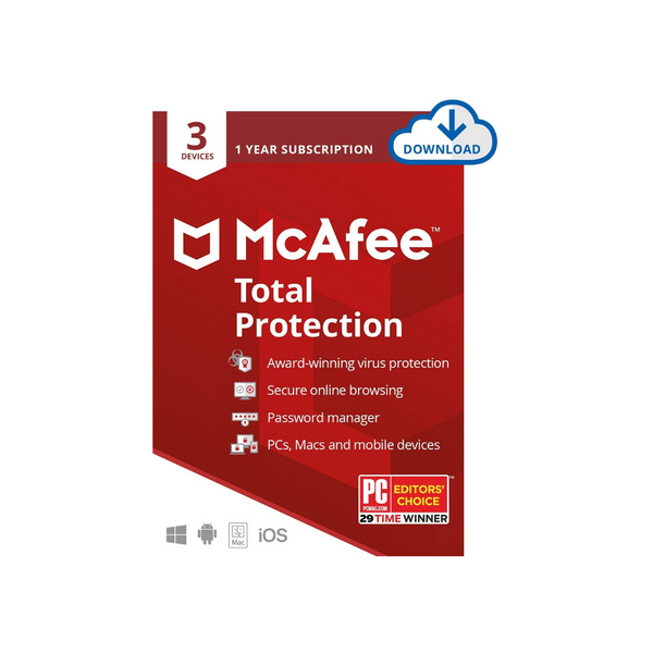 McAfee Total Protection, 3 dispositivos, software antivirus, seguridad de Internet, suscripción de 1 año