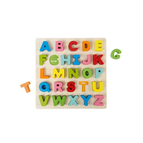 Tablero de rompecabezas de madera con letras de madera de colores