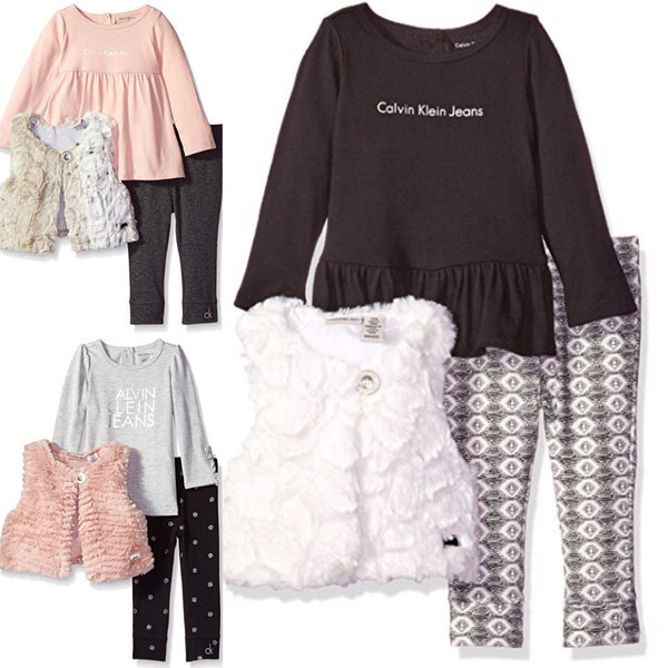 Calvin Klein Baby Girls' 3 Piece Faux Fur Vest Set - 3 styles