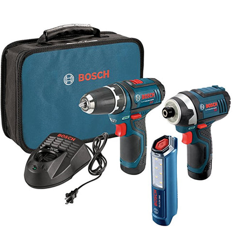 Taladro Bosch de 12 voltios, destornillador de impacto, luz de trabajo LED, dos baterías y estuche