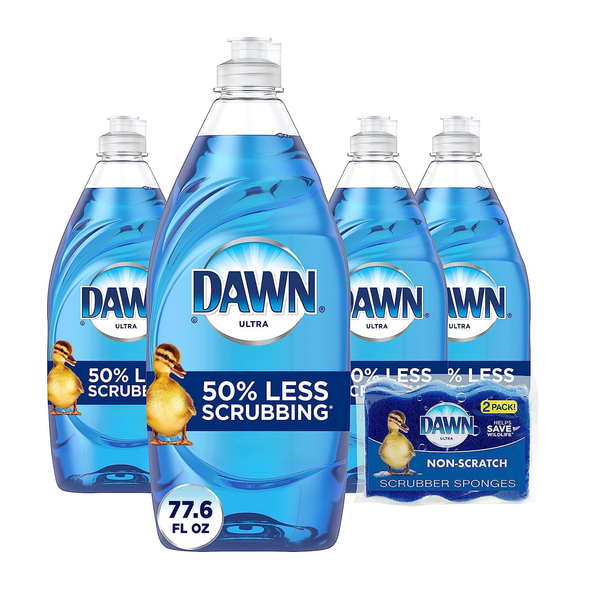 4 Bottles + 2 Sponges Dawn Ultra Original Scent Dish Soap