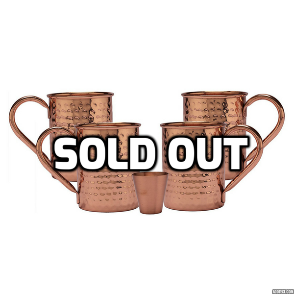 Set of 4 copper mugs with 1 shot glass
