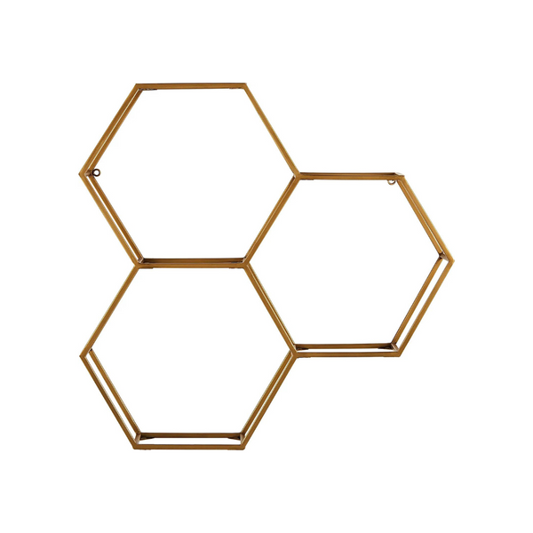 Estantería de pared flotante hexagonal en forma de panal con estantes de vidrio