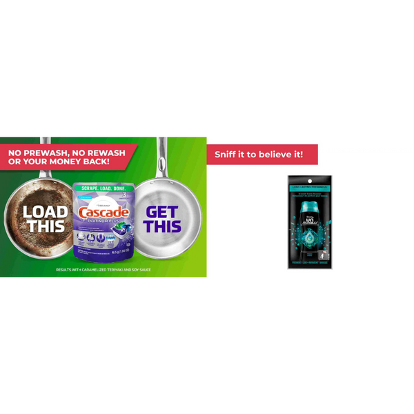 Muestras gratuitas de 3 cápsulas de detergente para lavavajillas Cascade Platinum Plus y potenciador de aroma Downy Unstoppables Fresh In Wash