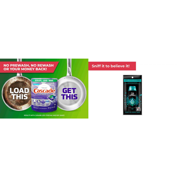 Free Samples Of 3 Cascade Platinum Plus Dishwasher Detergent Pods And Downy Unstoppables Fresh In Wash Scent Booster